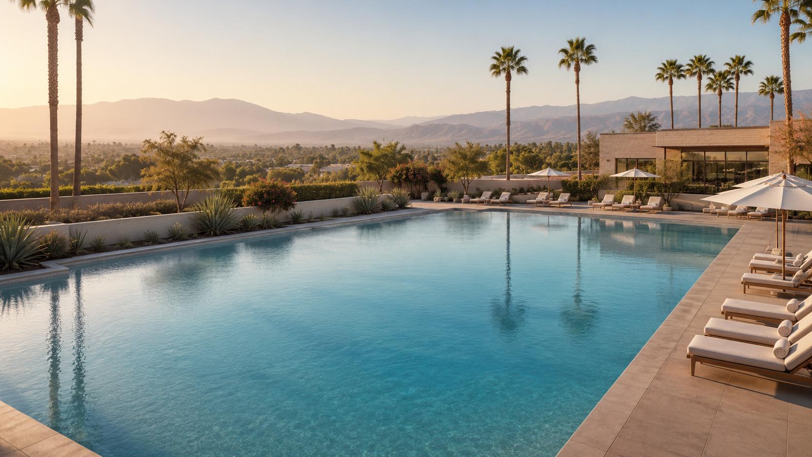 A resort pool at golden hour