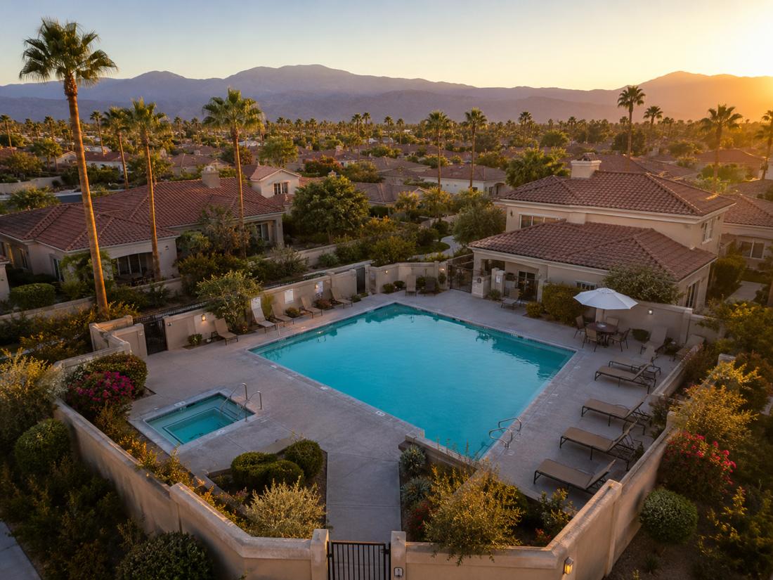 An HOA community pool and spa at sunset, surrounded by tile-roof homes
